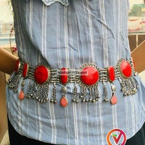 Vintage Kuchi Coral Stone Belly Dance Belt: Afghan Tribal Jewelry
